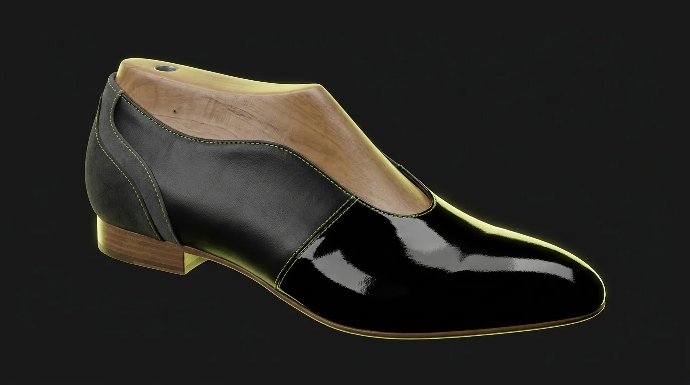 Finished 3D shoe upper on a last with patent, matte leather and trim panels