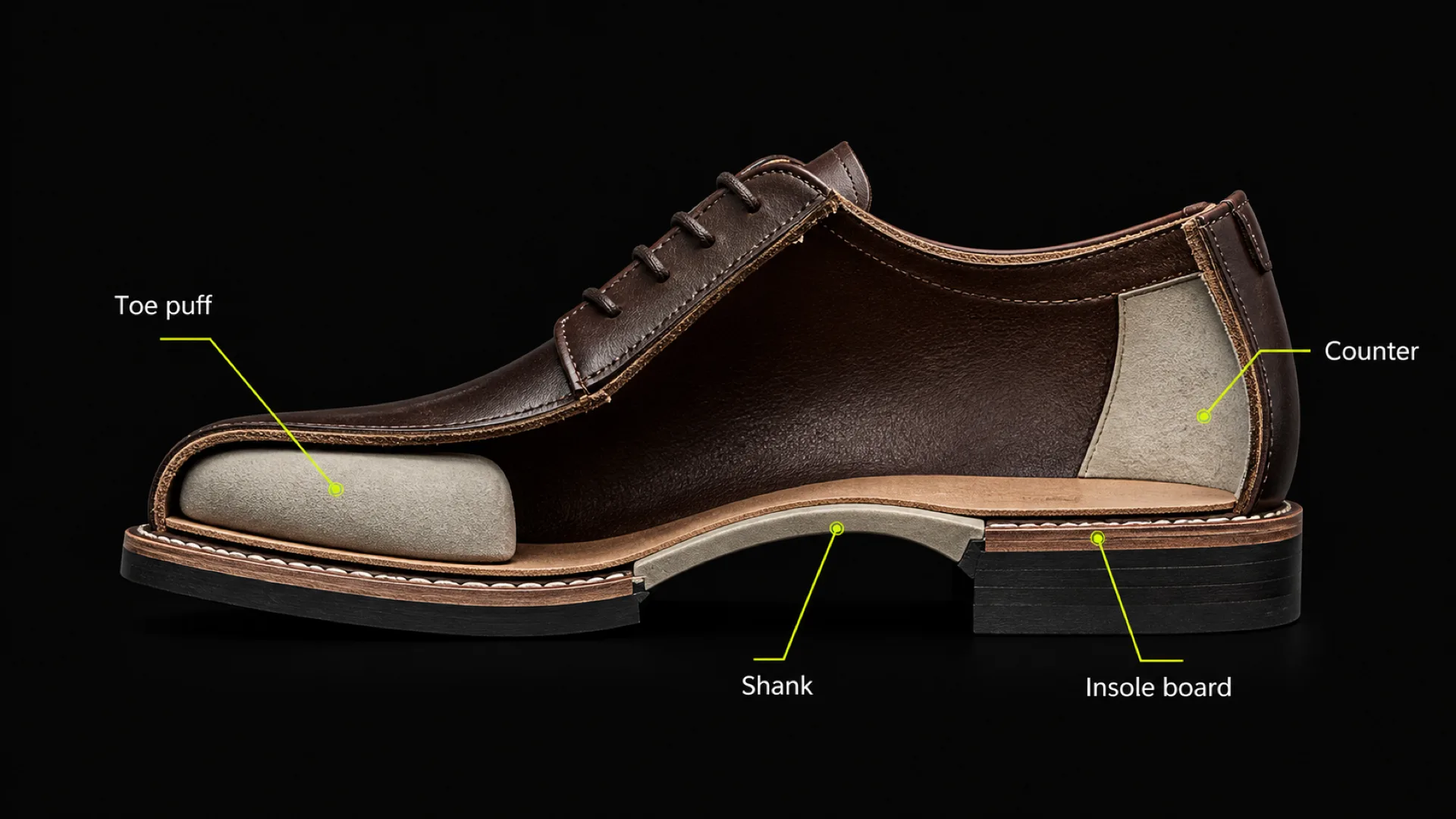 Cutaway of a shoe showing the internal reinforcements: toe puff, counter, shank, insole board