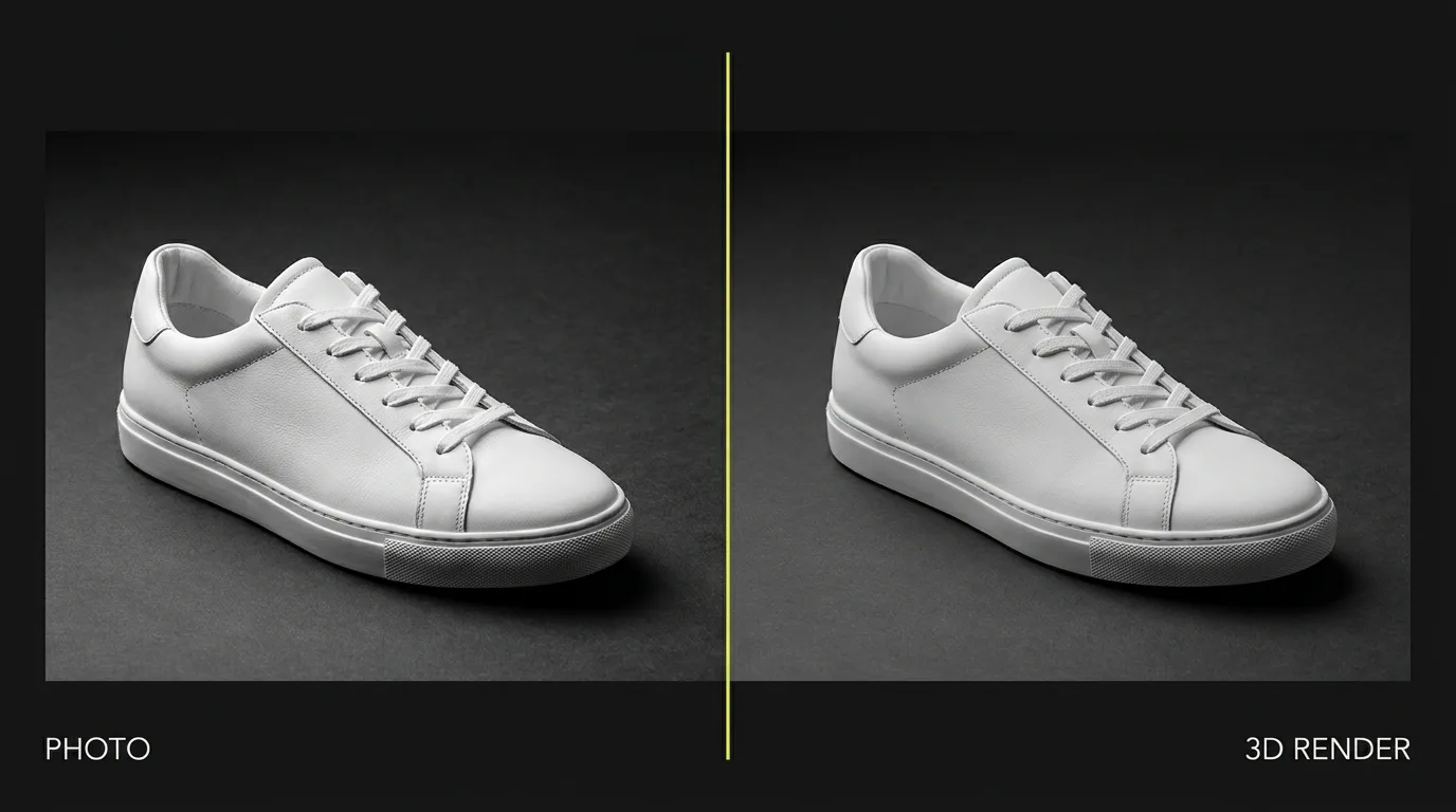 Studio photo versus photorealistic 3D render of the same sneaker