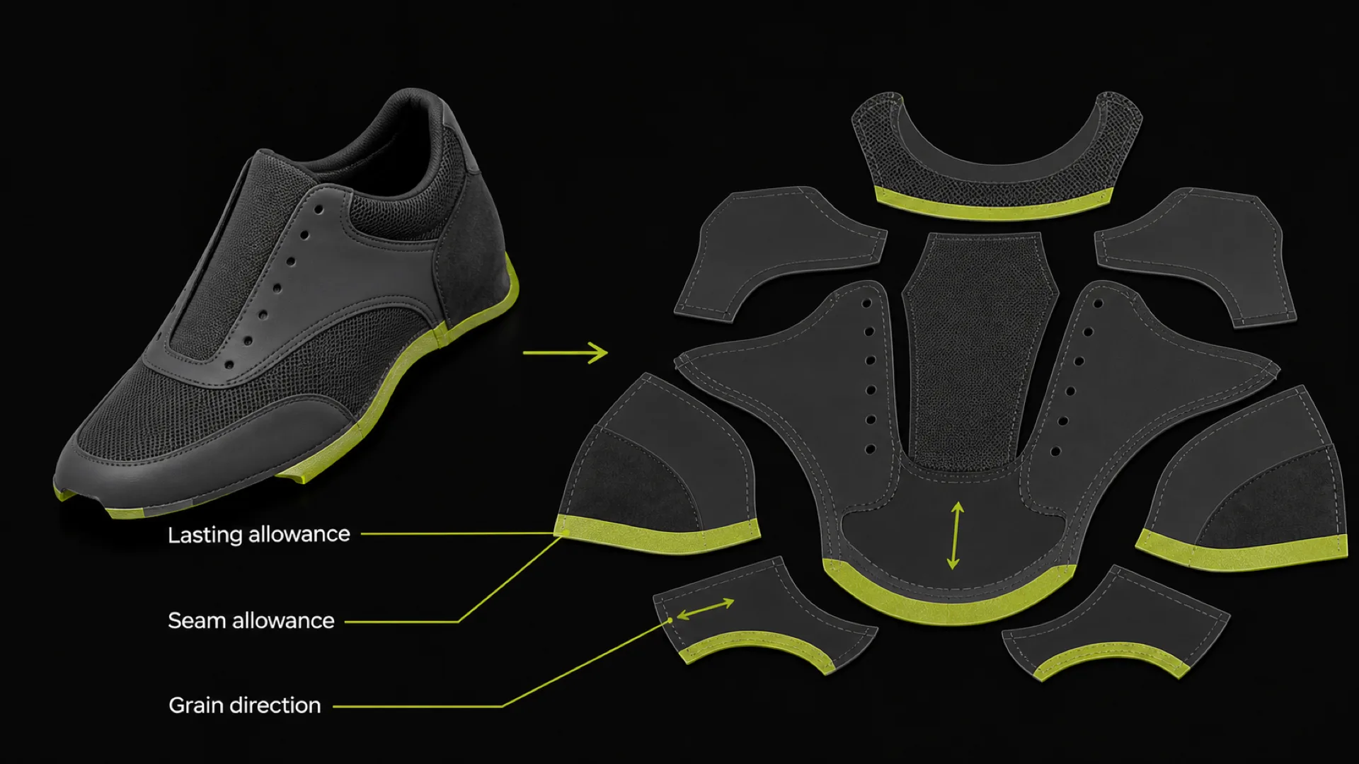 A 3D upper surface opening into flat pieces with the lasting allowance highlighted