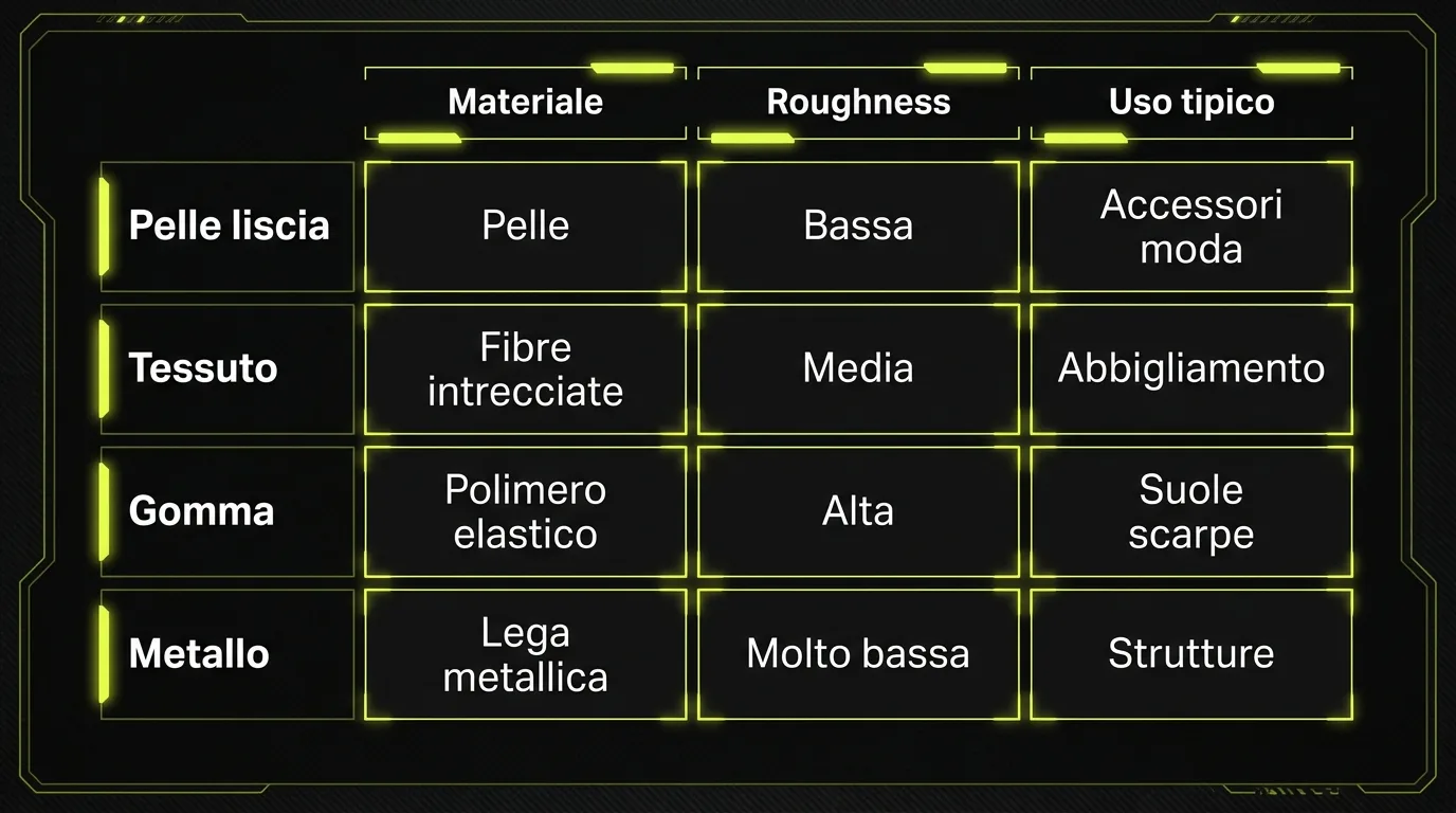 Tabella tipi di materiale: pelle, tessuto, gomma, metallo