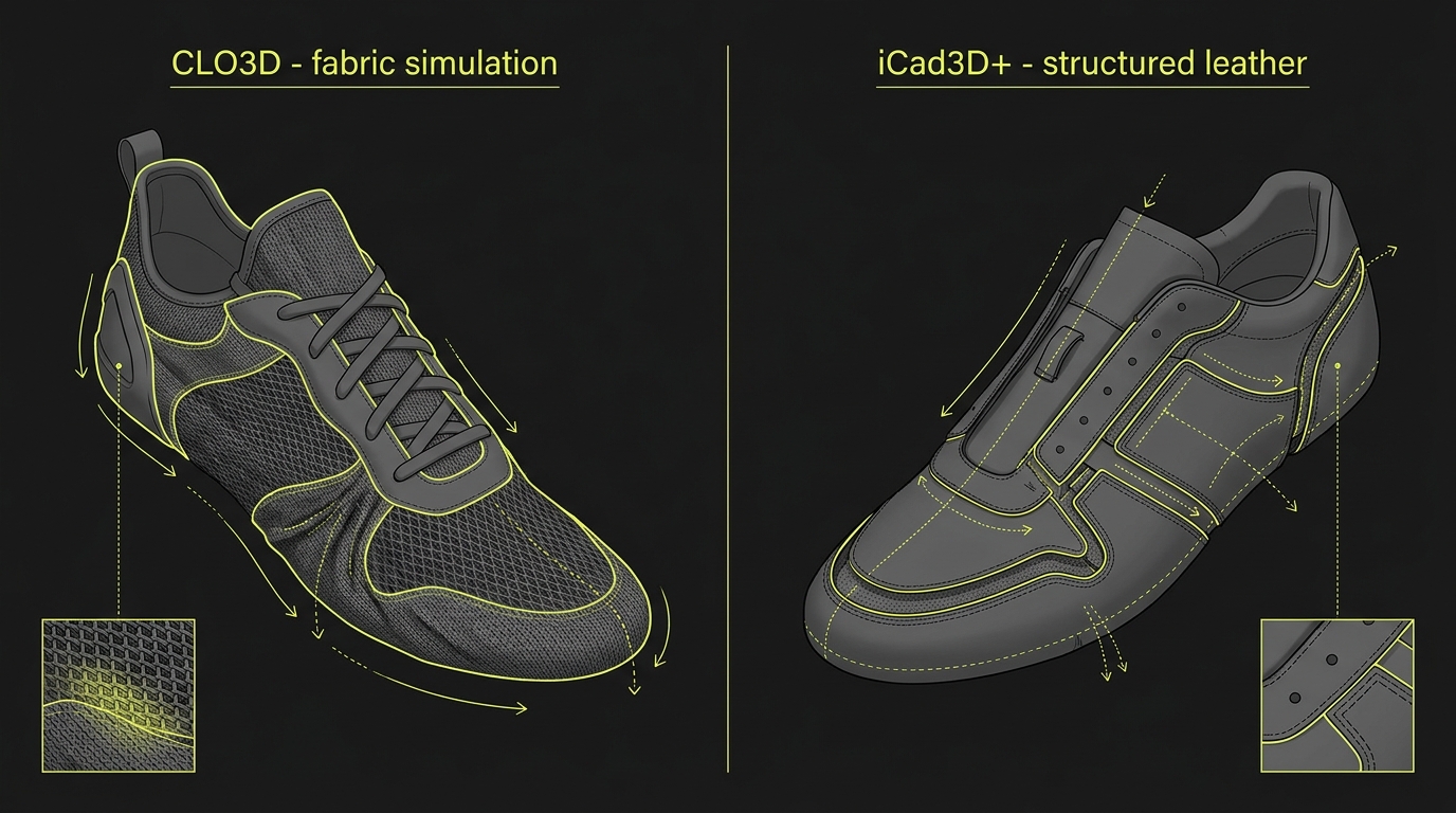 CLO3D fabric simulation versus iCad3D+ structured leather upper