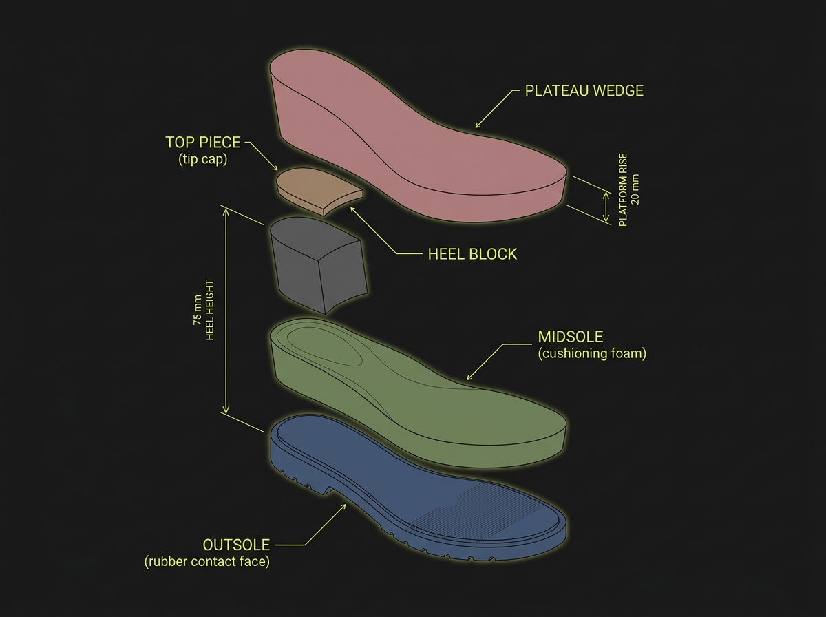 Exploded view of a shoe sole: outsole, midsole, heel block, top piece, plateau