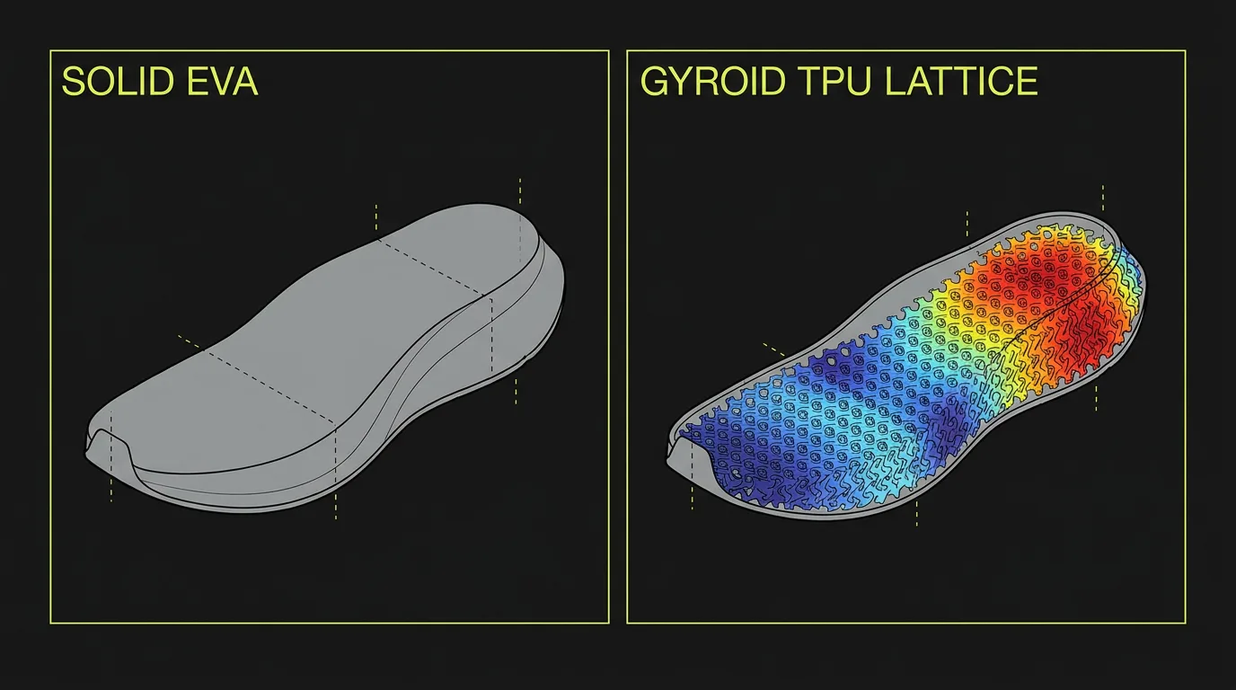 Solid EVA midsole versus gyroid TPU lattice midsole cross-section
