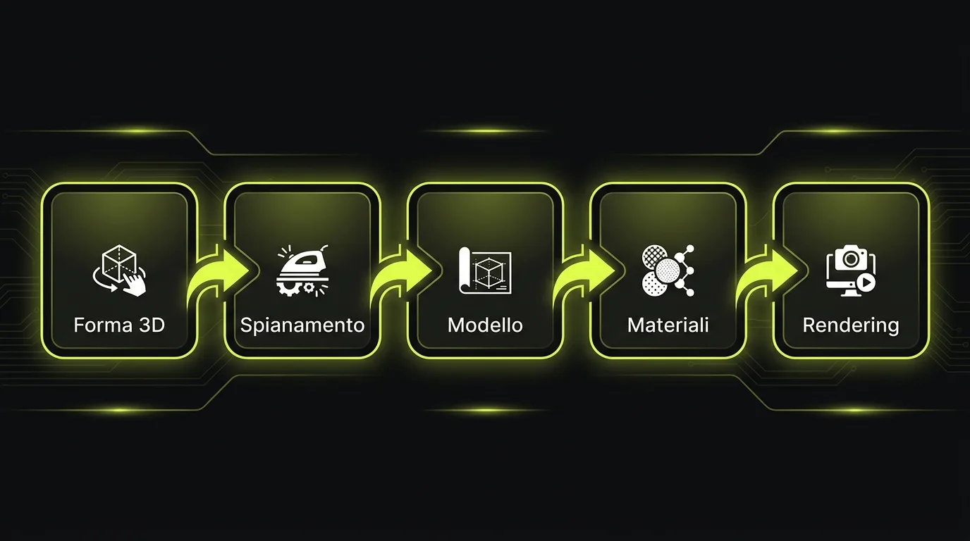 Workflow Icad Universe: forma 3D, spianamento, modello, materiali, rendering