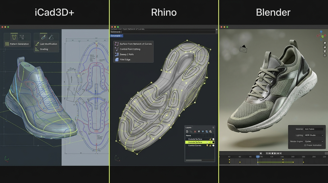 iCad3D+, Rhino and Blender 3D footwear design software side by side