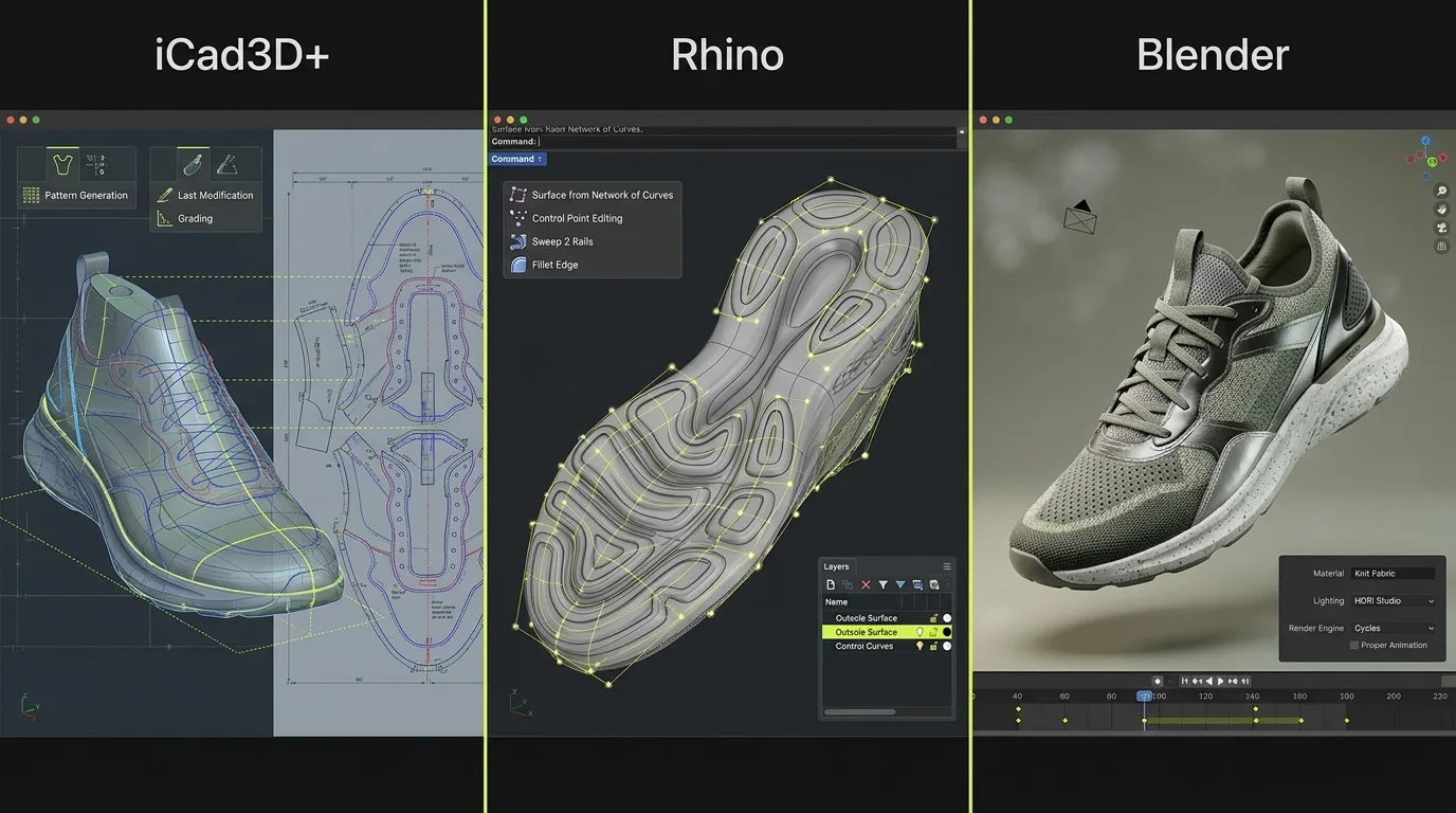 Icad Universe, Rhino and Blender 3D footwear design software side by side