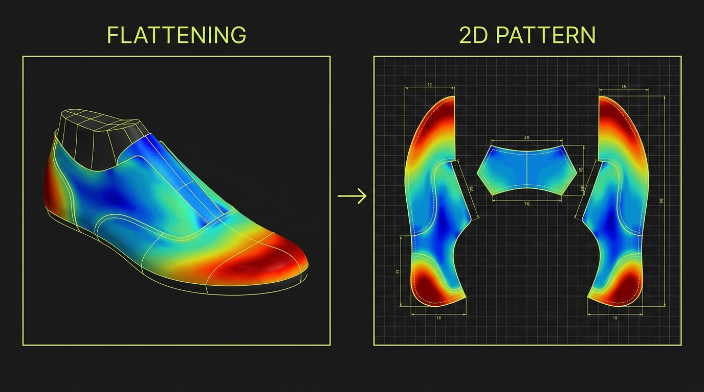 Shoe upper flattening: 3D last with distortion heat map unfolded to a flat 2D pattern