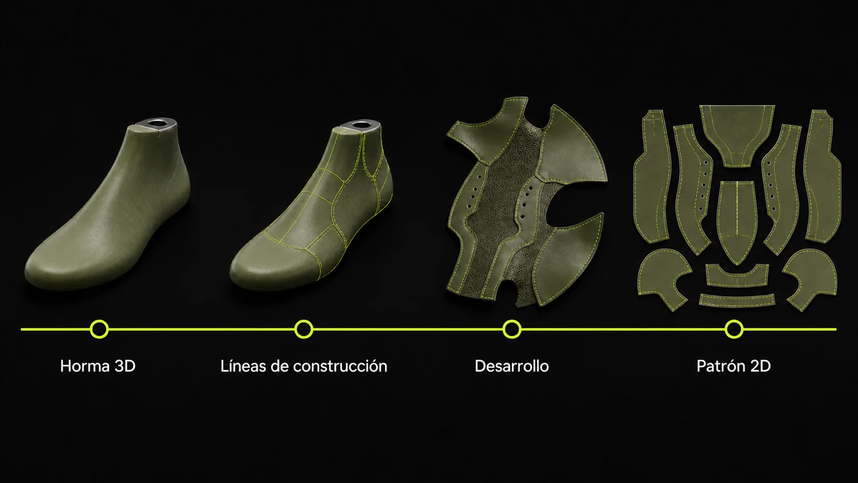 Cuatro fases de la horma 3D a la pieza cortable: horma, líneas de construcción, desarrollo, patrón 2D
