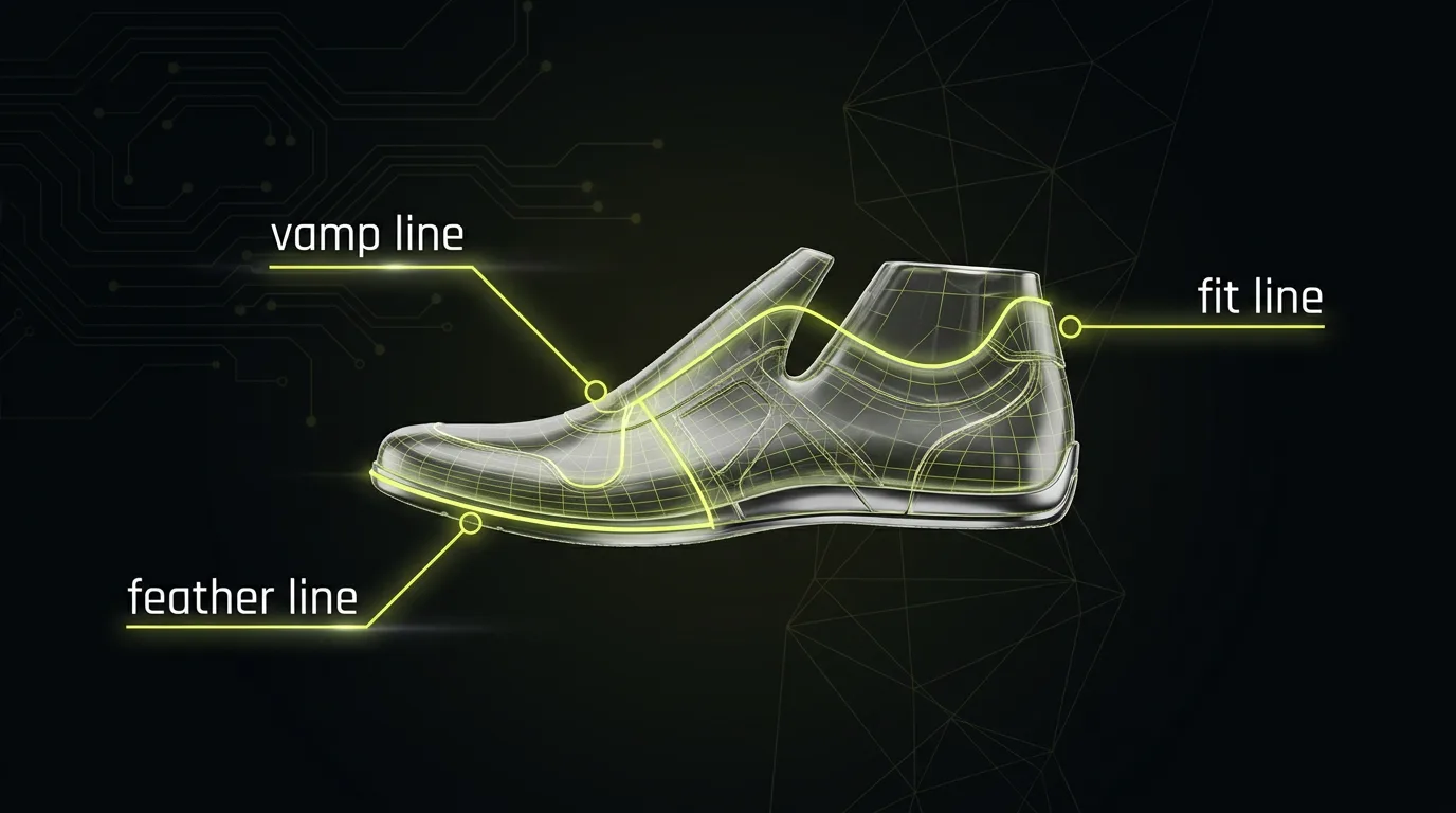 Le linee principali sulla forma 3D: feather line, vamp line, fit line