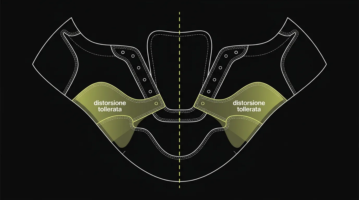 Camicia 2D con linea di simmetria e aree di distorsione tollerata