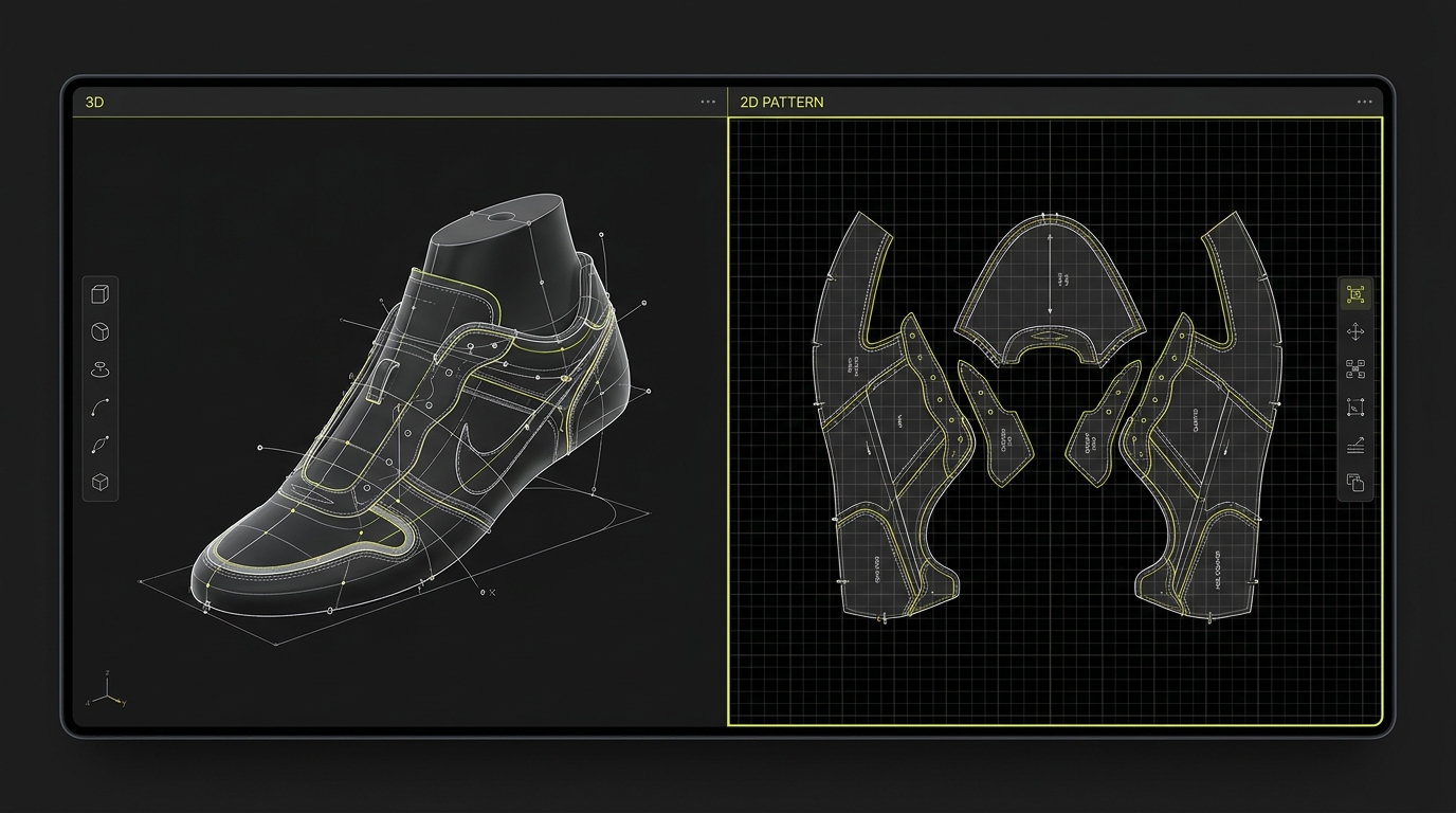 iCad3D+ dual-pane interface: 3D shoe upper and the parallel 2D pattern