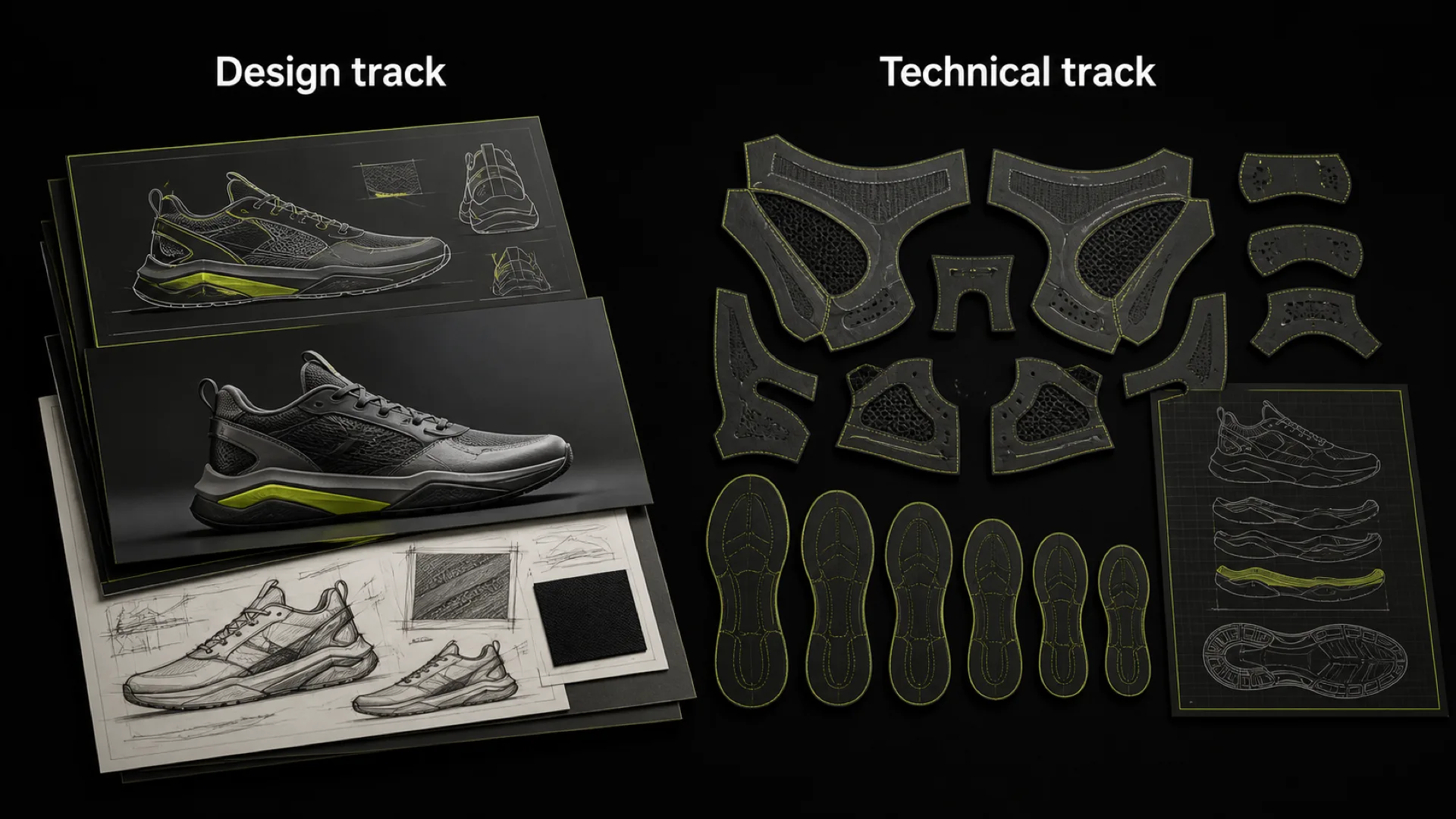 The two possible outcomes of a course side by side: a concept portfolio and a developed graded pattern with a tech sheet