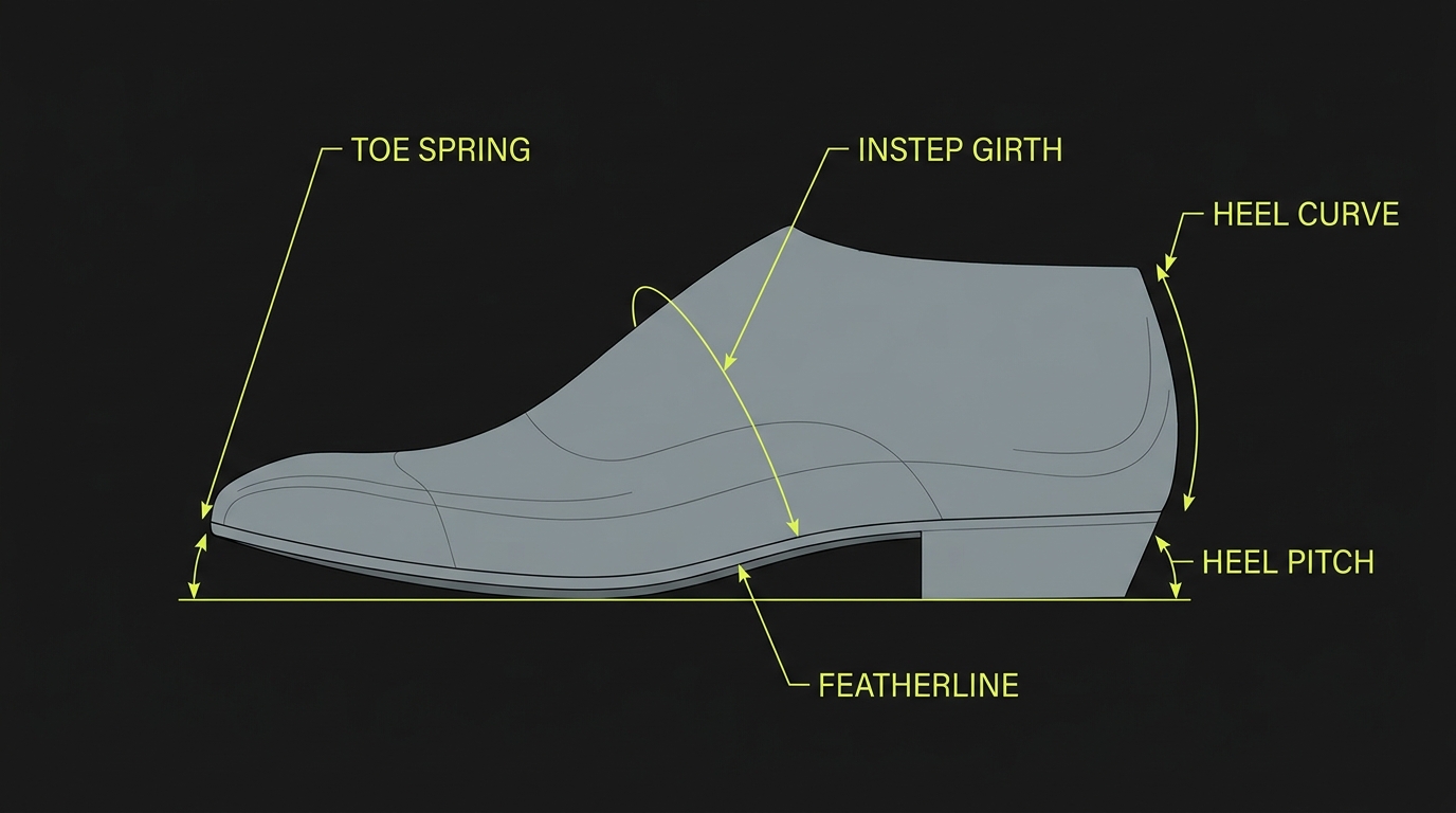 Shoe last anatomy: toe spring, instep girth, heel pitch, featherline, heel curve