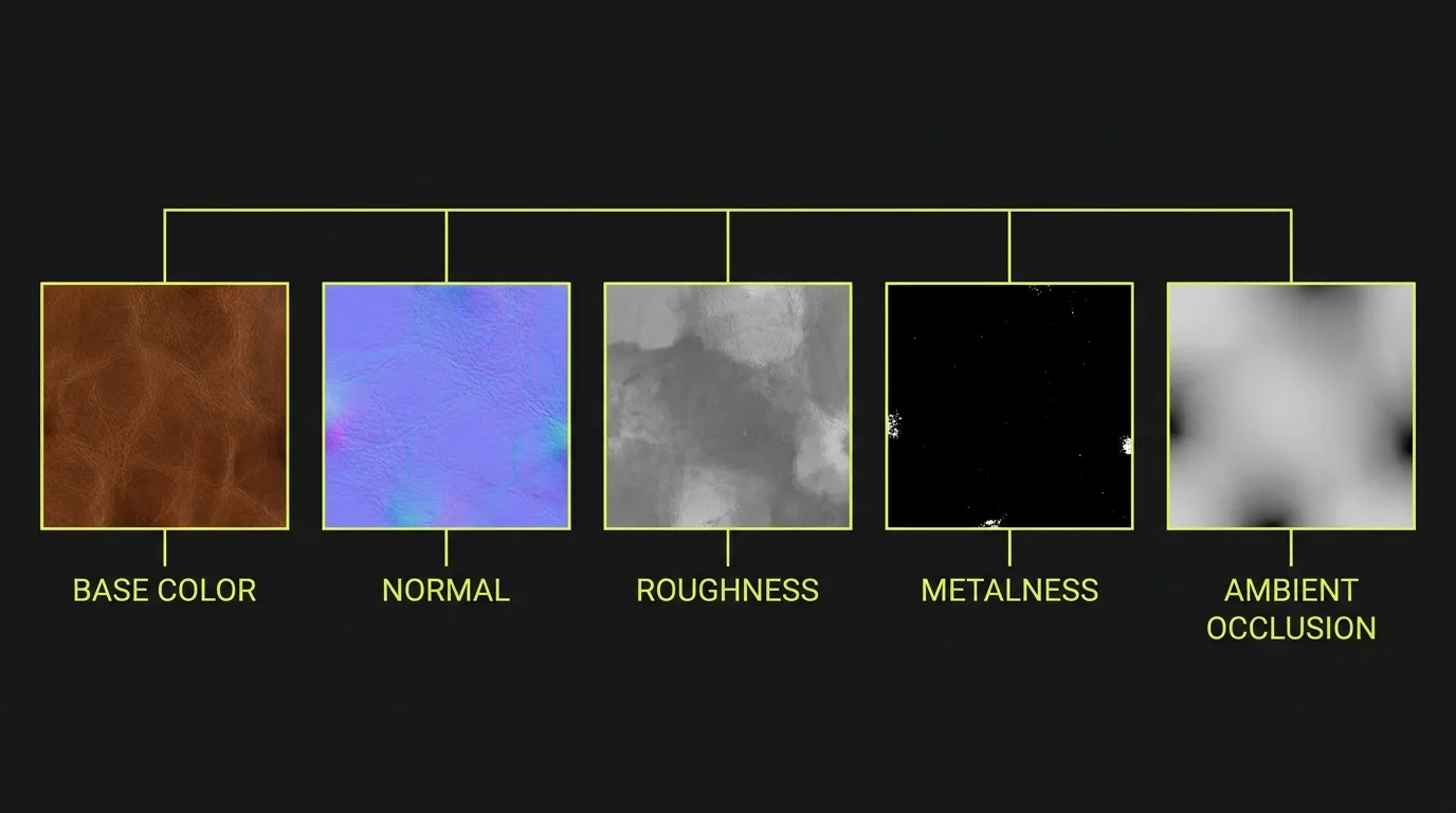 PBR material maps: base color, normal, roughness, metalness, ambient occlusion